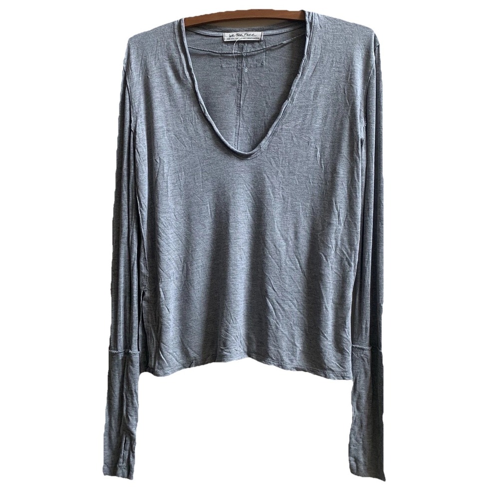 We The Free People Top Womens XS Pullover Gray Scoop Neck Thumbholes Lightweight